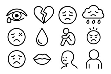 Negative Emotion Icons. Line style icons of negative feelings: crying eyes, broken heart, depressed face, sad cloud icon, rejected