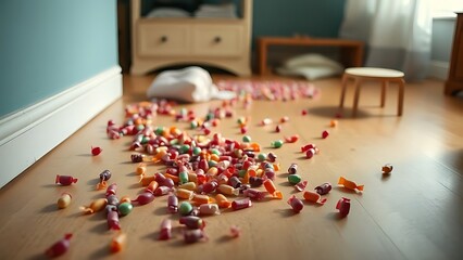 Spilled Sweets on the Floor: A colorful array of scattered candy lies on a light-colored wooden floor. capturing a moment of playful chaos and sweet delight.