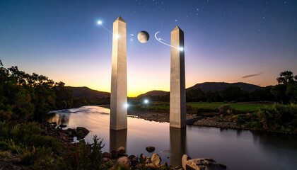 River Landscape with Obelisks and Celestial Elements at Dusk