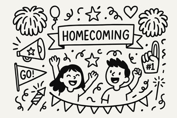 Cheerful Homecoming Doodles. Doodle homecoming celebration with school spirit and fun symbols