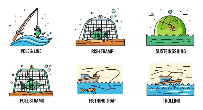 Discover different fishing techniques and methods with this vibrant vector artwork, from pole fishing to trawling, a great asset for fishing enthusiasts