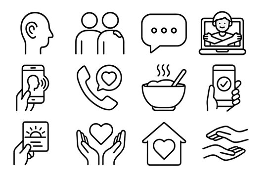 Emotional Support Icons. Line style icons of emotional support acts: listening icon, hand over shoulder, text message bubble,