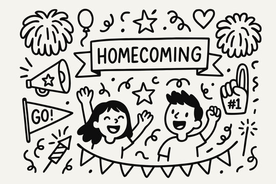 Cheerful Homecoming Doodles. Doodle homecoming celebration with school spirit and fun symbols