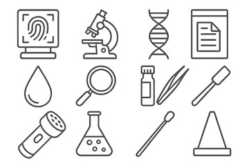 Forensic Science Icons. Line style icons of forensic science tools: fingerprint scanner, forensic microscope, DNA strand, evidence