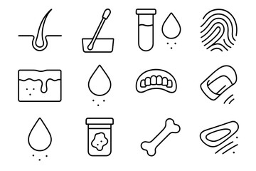 Biological Evidence Icons. Line style icons of biological evidence types: hair follicle, saliva swab, blood sample, fingerprint