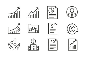 Investor Relations Icons. Line style icons of investor relations: capital growth, stock increase, quarterly report, investor