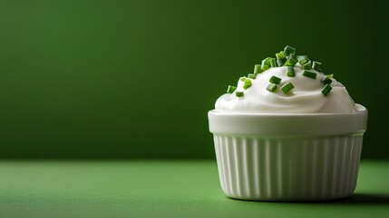 photography, sour cream and chive in ramekin, isolated, food photography, green background