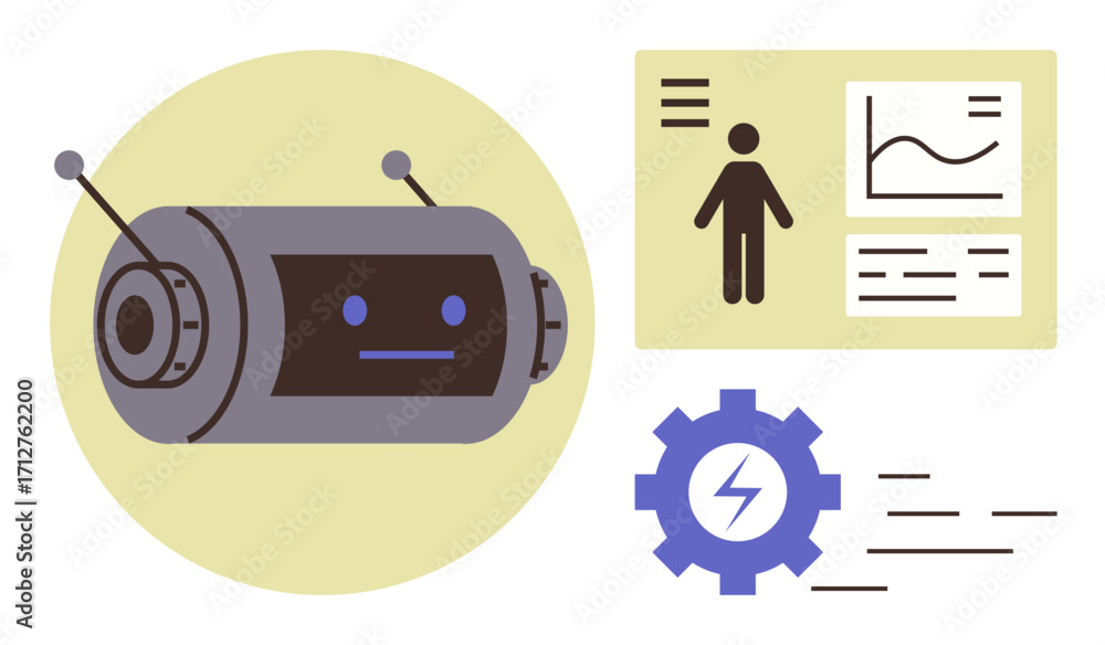 Poster robot with antennas, analytics dashboard featuring graphs and human figure, gear with lightning icon