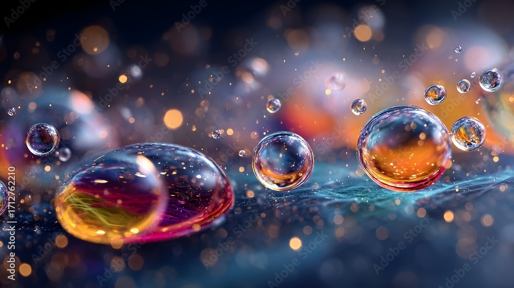 Poster close up of luminous iridescent water droplets or bubbles filled with abstract light patterns and su