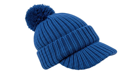 Isolated bright blue knit hat with pom pom, casual fashion item, warm winter headwear