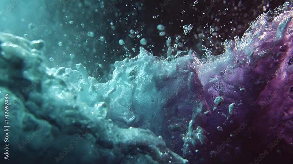 Poster Dynamic collision of vibrant teal and magenta liquids creating an abstract splash and turbulent motion with numerous bubbles