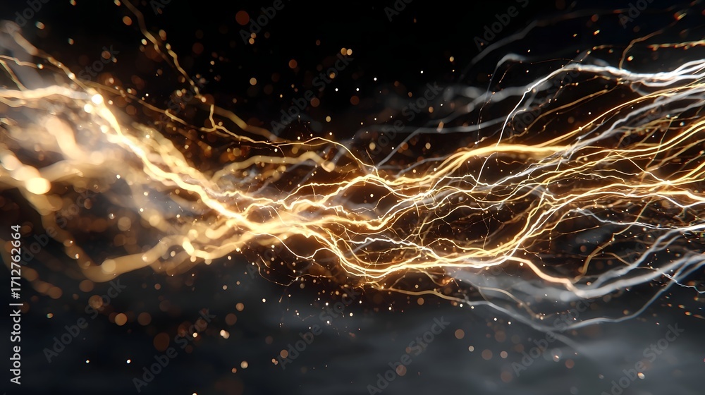 Poster a vibrant abstract composition of flowing golden and white energy trails illuminated by glowing part