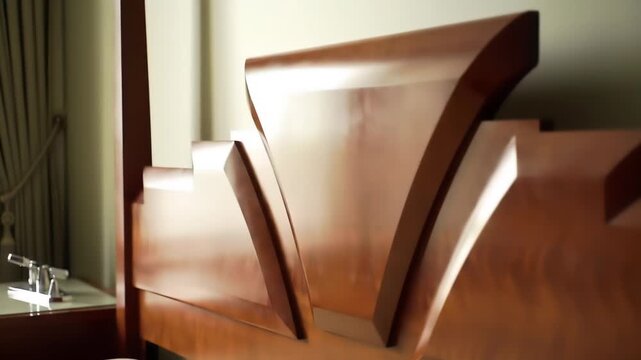 A detailed, close-up shot of a rich, polished wooden headboard featuring distinct Art Deco geometric patterns and a warm, ambient glow highlighting the wood grain.