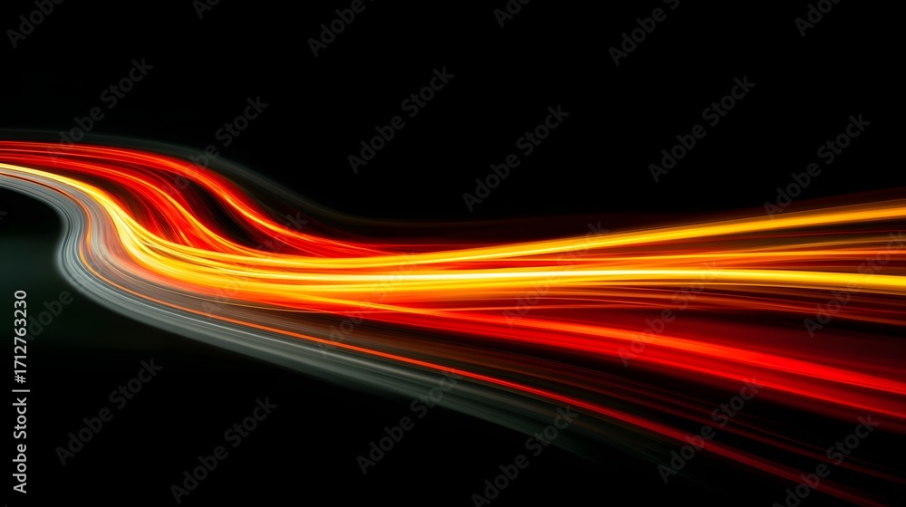 Poster abstract glowing light streaks in red orange and yellow hues move dynamically like fiery waves acros