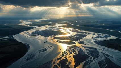 Aerial view of a winding river at sunset