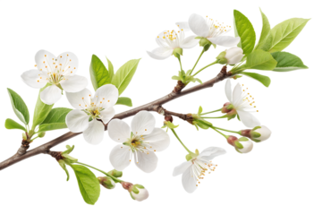 PNG transparent image of a delicate flowering branch with white blossoms and green foliage, perfect for wedding invitations, greeting cards, seasonal decorations, and creative designs.