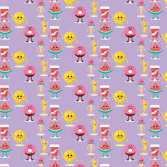 Colorful Cartoon Donuts and Fruits Dance Pattern