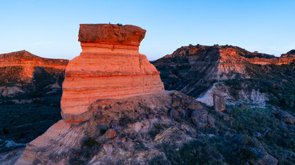 Aerial view from a drone of erosion ravines and towers in the Monegros Desert in the provinces of Zaragoza and Huesca. Autonomous Community of Aragon. Spain. Europe