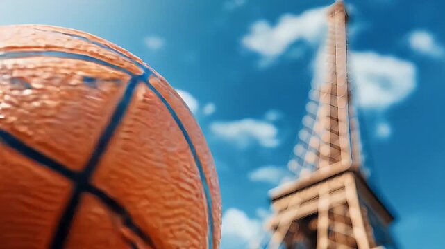 Close Up Basketball with Eiffel Tower on Sunny Day Paris Cityscape Tourist Spot