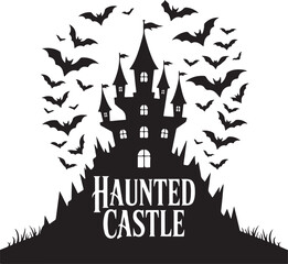 Black silhouette of haunted castle with bats in sky, white background