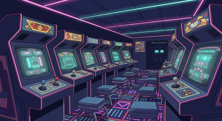 Step into a vibrant retro arcade scene with classic game cabinets glowing with neon lights, perfect for evoking nostalgia and fun gaming memories