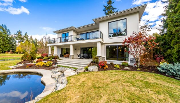 Modern house with a backyard pond and patio