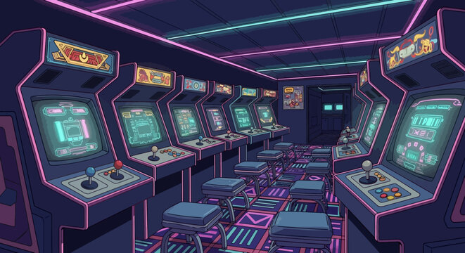 Step into a vibrant retro arcade scene with classic game cabinets glowing with neon lights, perfect for evoking nostalgia and fun gaming memories