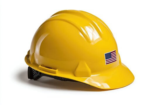 Yellow construction hard hat with american flag sticker on white background