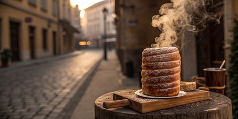 Czech Trdelnik: Photo of a freshly baked, steaming Trdelnik with a dusting of sugar and cinnamon. 