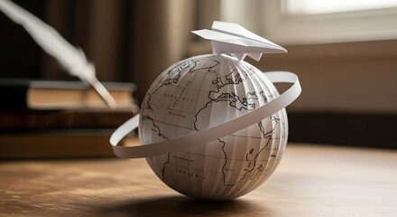 Paper globe model with a paper airplane on wooden table indoors