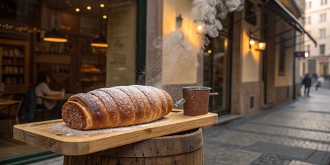 Czech Trdelnik: Photo of a freshly baked, steaming Trdelnik with a dusting of sugar and cinnamon. 