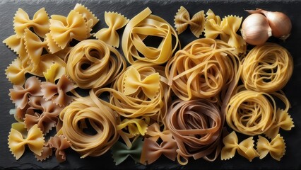 Assorted pasta on a dark slate
