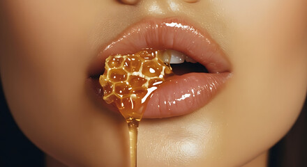 Golden honeycomb dripping sweet honey from glossy lips close-up