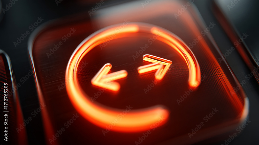 Poster close up of a red resize button with arrows pointing inward on a dark surface