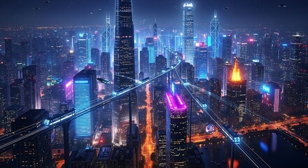 Fototapeta premium Expansive futuristic city at night with elevated trains and glowing skyscrapers cityscape skyline