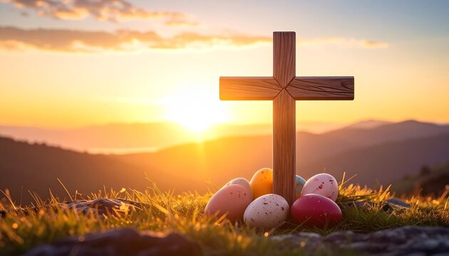 wooden cross standing on grassy field at sunrise, warm golden glow, five colorful Easter eggs and small pink and purple flowers in foreground, rolling hills and soft nature background, spiritual and s - Powered by Adobe