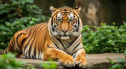 Fototapeta premium Majestic Bengal Tiger Resting in a Lush Green Forest Habitat