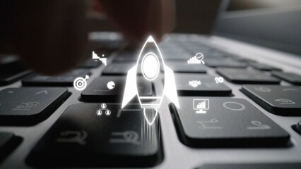 Startup launch and business growth concept, rocket symbolism, entrepreneurship, startup innovation,...