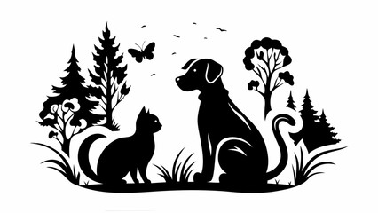 Silhouette of a dog and cat in a natural setting with trees butterfly and birds on a white background | editable eps vectors