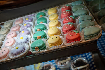 Colorful Macarons in Display Case