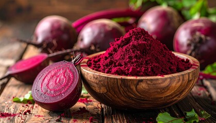 Fresh beetroots with green leafy tops on rustic wooden surface, sliced to reveal red-purple concentric rings, wooden bowl filled with finely ground beetroot powder, natural organic setting, vibrant nu