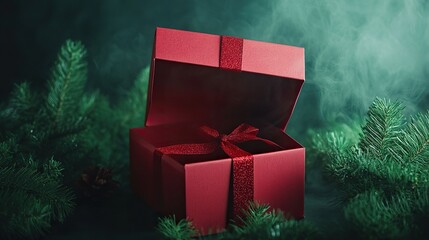 top down gift box, open, empty, red, smokey background, hint of green chistmas tree  png