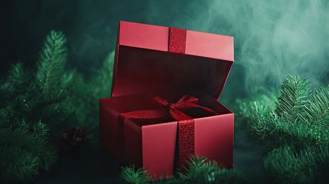 top down gift box, open, empty, red, smokey background, hint of green chistmas tree  png
