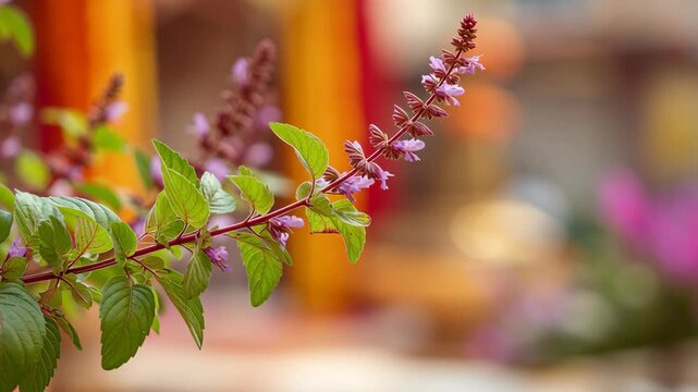 Sacred Tulsi Plant with Purple Flowers