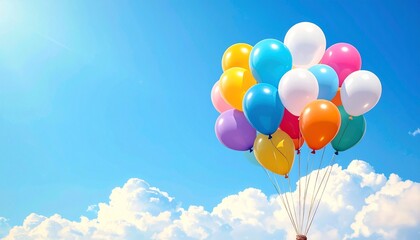 Naklejka premium Cluster of colorful balloons floating in bright blue sky, scattered white clouds, vivid yellow-orange-pink-purple-green-red hues, sunlight streaming from corner, cheerful celebration theme, joyful atm