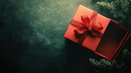 top down gift box, open, empty, red, smokey background, hint of green chistmas tree  png