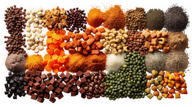 Assortment of dry pet food options for dogs and cats, showcasing various shapes, colors, and ingredients, isolated on transparent background balanced nutrition