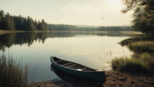 Calm lake scene with canoe
