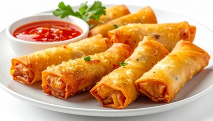 Golden crispy spring rolls on white plate, red sweet chili dipping sauce in bowl, glistening wrappers, speckled seasoning, parsley garnish, appetizing Asian snack, close-up food photography, warm ligh