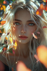 Young woman with blonde hair surrounded by autumn leaves, showcasing natural beauty and soft features, capturing the essence of seasonal change and tranquility in a serene outdoor setting